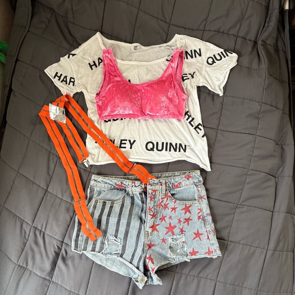 Harley Quinn Graphic Tee with Denim Shorts and Pink Top